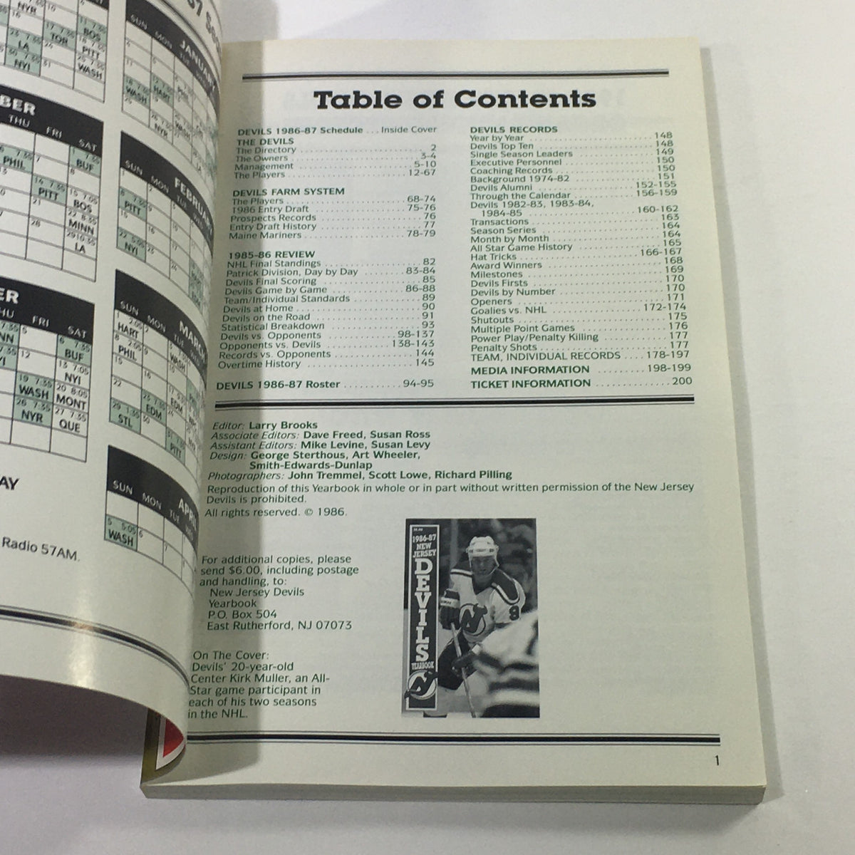 Inside view of the VTG NHL Official Yearbook 1986-1987, displaying the table of contents, including team schedules and player information for the New Jersey Devils.