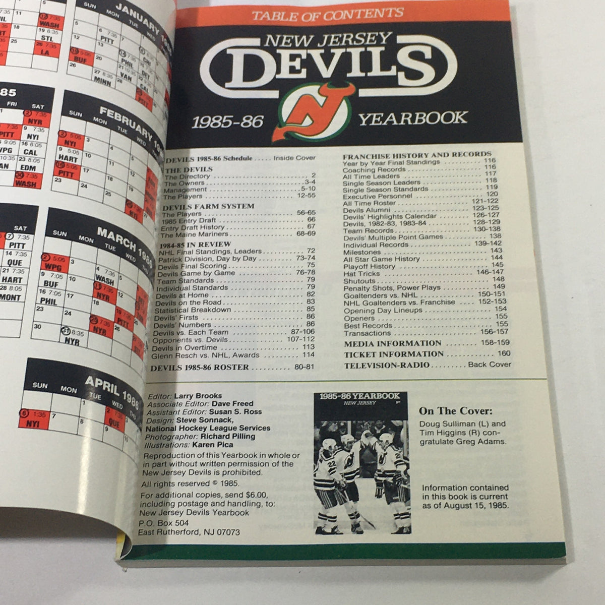 Inside page of the 1985-86 Yearbook of the New Jersey Devils, includes the table of contents and details for the season.