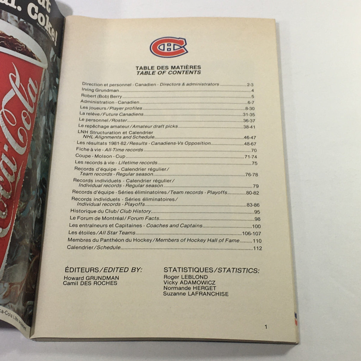Table of contents page from the VTG NHL Official Guide 1982-1983 highlighting sections and contributors related to Les Canadiens.