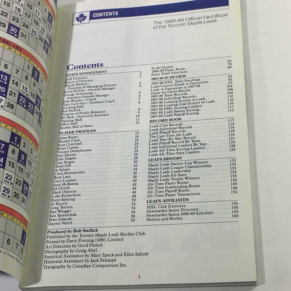 Contents page of the VTG NHL Official Fact Books 1988-1989 - Toronto Maple Leafs outlining sections on team management, player profiles, and NHL history.