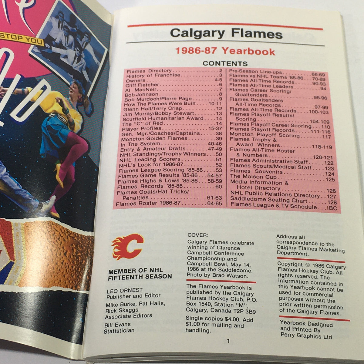 Inside view of the VTG NHL Official Yearbook 1986-1987 showcasing the Calgary Flames contents page, including a directory, player profiles, league standings, and yearbook details.