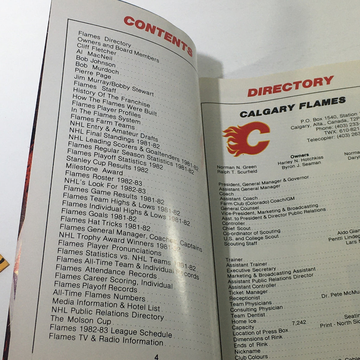Contents page of the VTG NHL Official Fact Book 1982-1983 - Calgary Flames, including directory and franchise history.