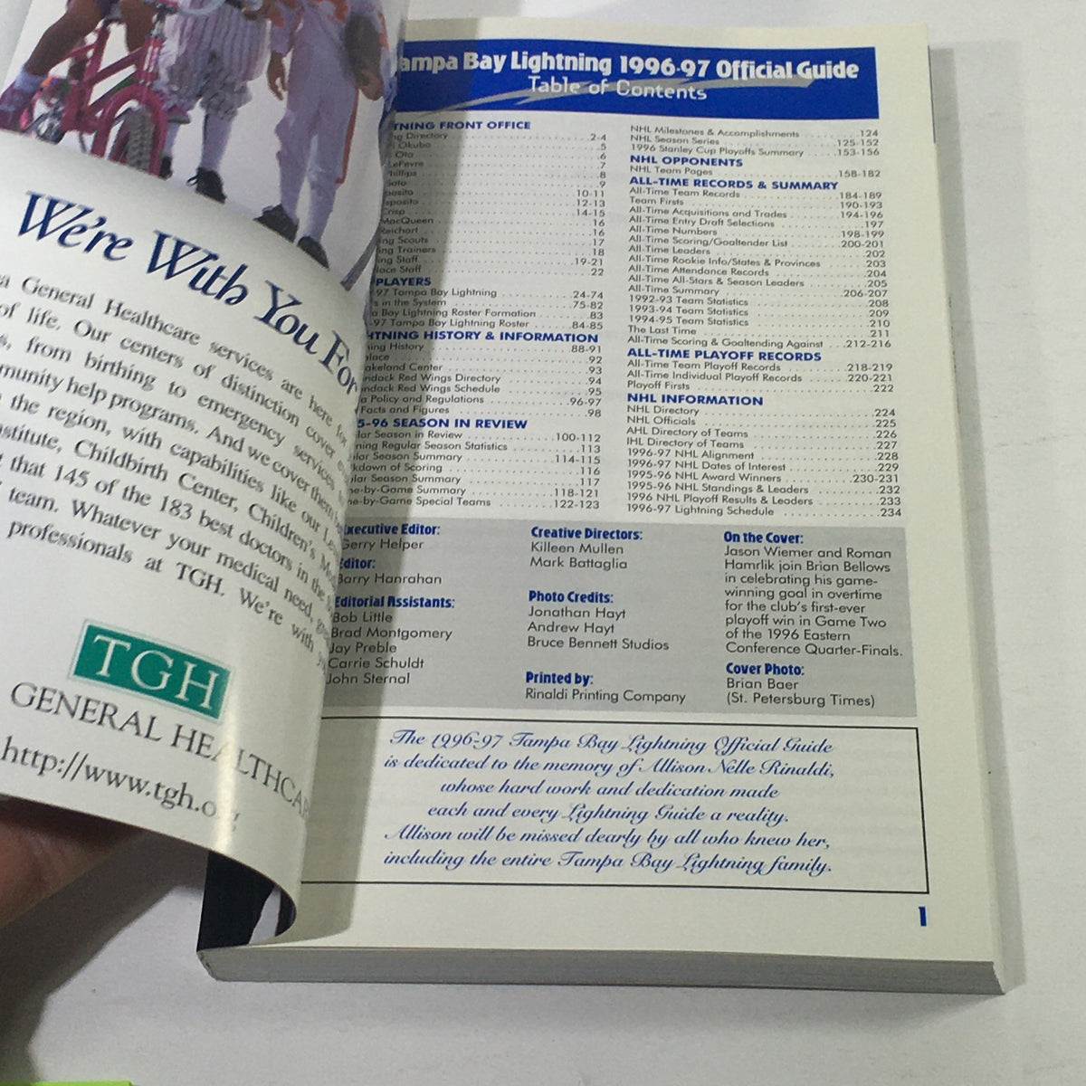 VTG NHL Official Guide 1996-1997 - Tampa Bay Lightning cover showing the table of contents and player roster details.