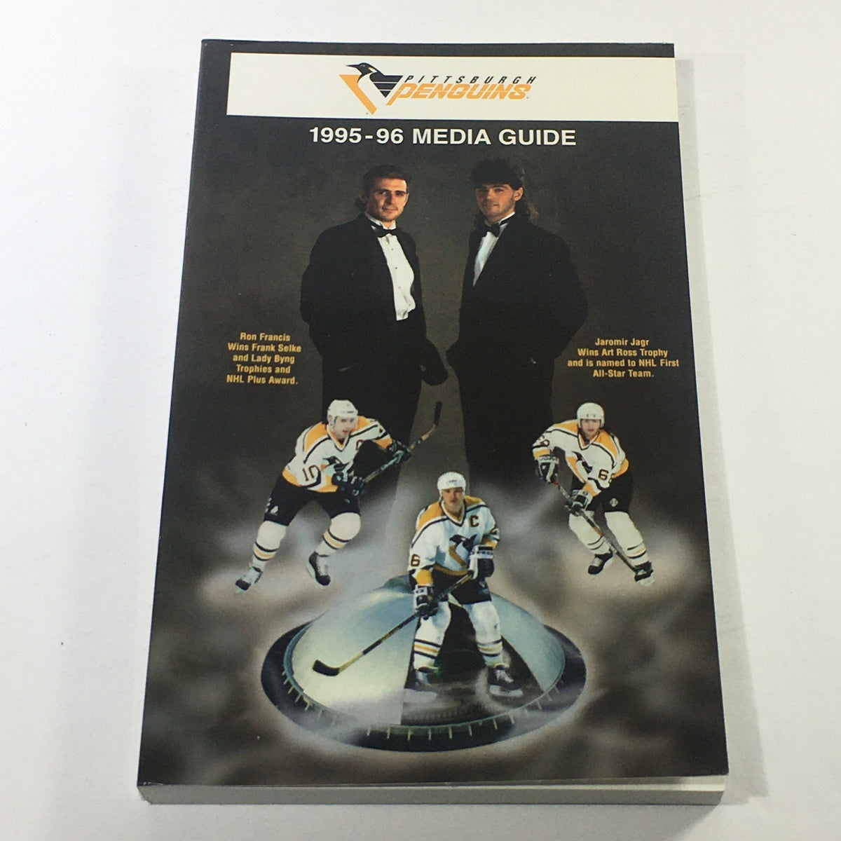 VTG NHL Official Media Guide 1995-1996 featuring the Pittsburgh Penguins, showcasing Ron Francis and a group of players on the cover.