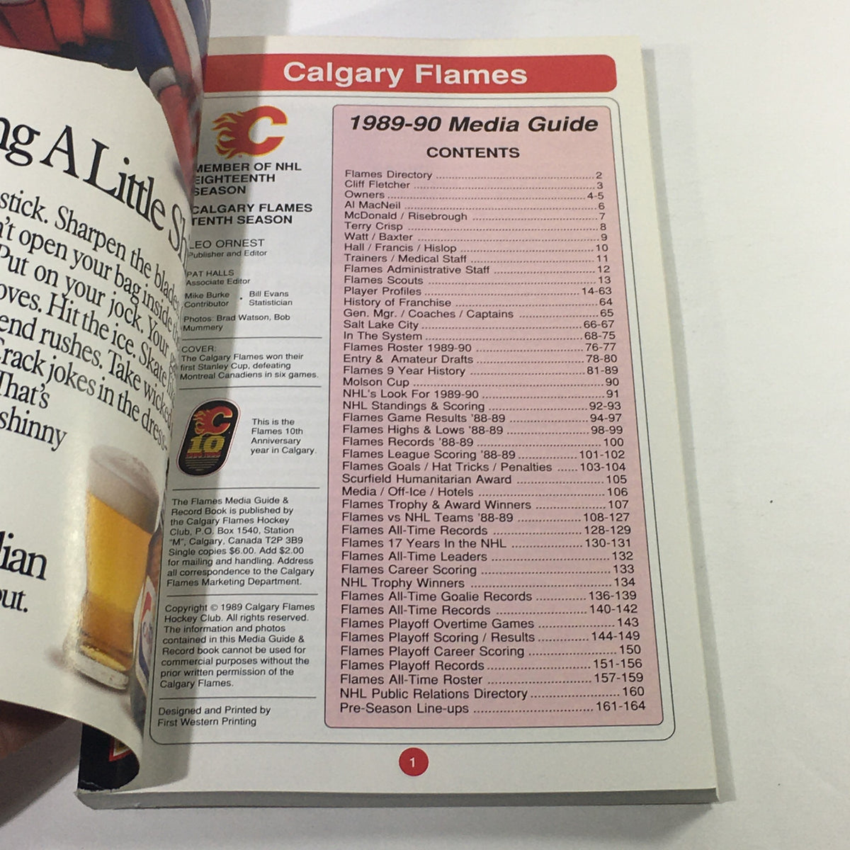 Inside page of the VTG NHL Official Media Guide 1989-1990 featuring Calgary Flames content, including the table of contents and team information, related to their Stanley Cup Championship.