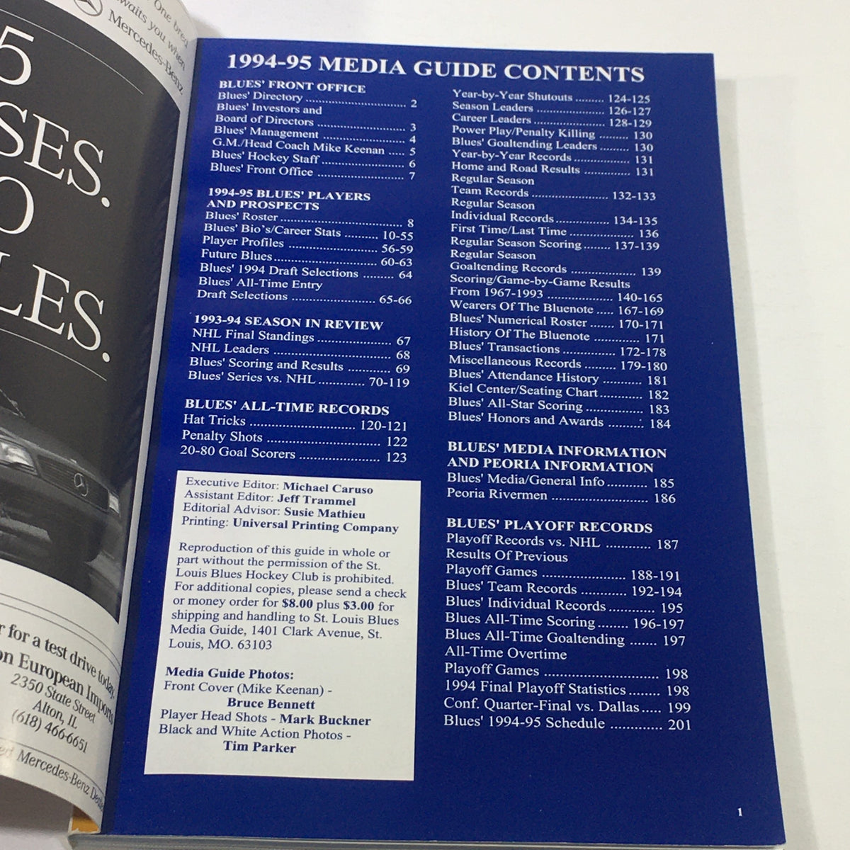 Interior page of the VTG NHL Official Guide 1994-1995, displaying the contents section including media information about the St. Louis Blues.