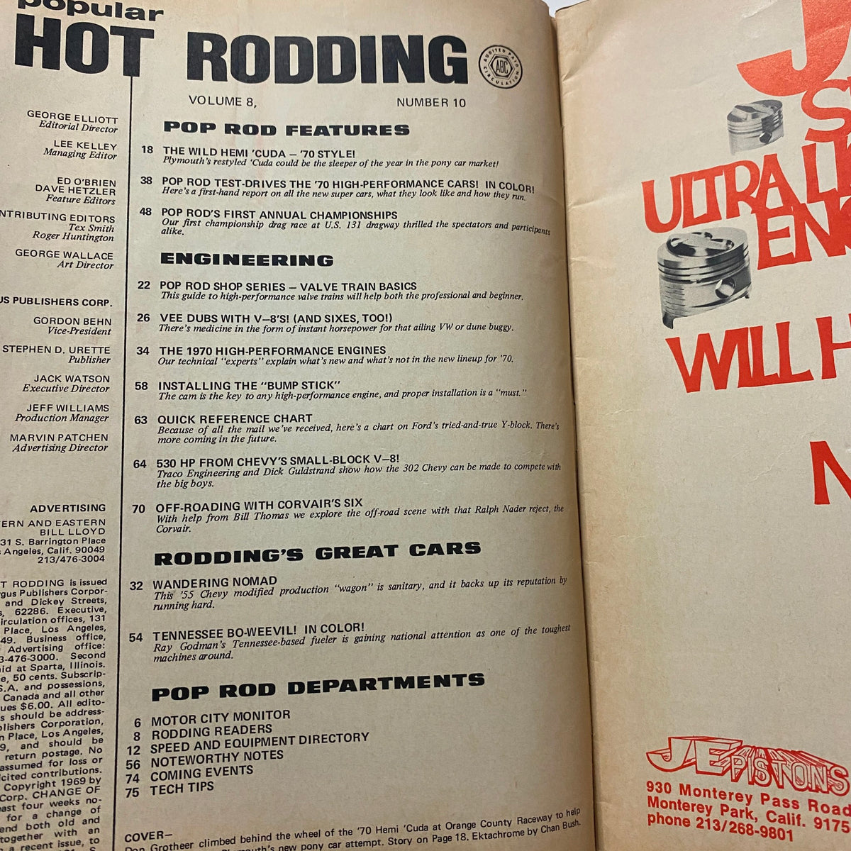Inside page of Popular Hot Rodding Magazine October 1969 with notable articles and features, emphasizing the '70 Hemi 'Cuda and other high-performance vehicles.