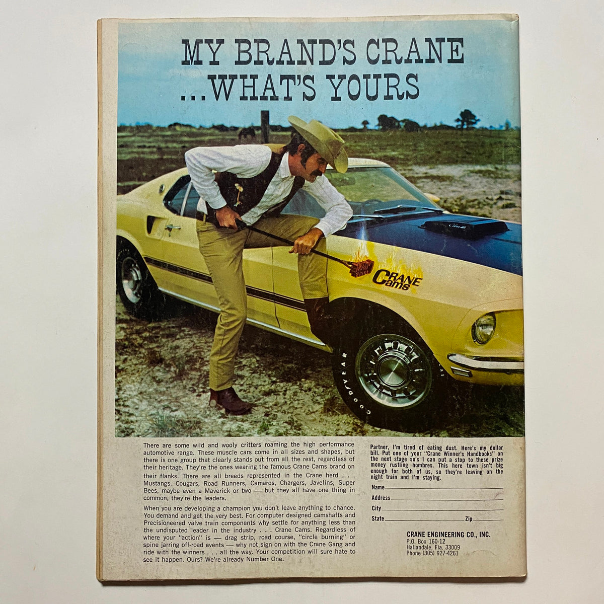Cover of Popular Hot Rodding Magazine from October 1969, featuring a man in a cowboy hat inspecting a classic yellow car, promoting Crane Engineering. A must-have for car enthusiasts and collectors.