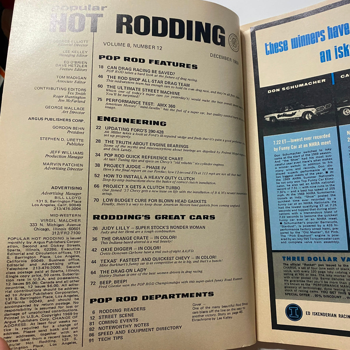 Table of contents from Popular Hot Rodding Magazine December 1968 featuring Rod Shop All-Star Drag Team, engineering features, and classic cars.