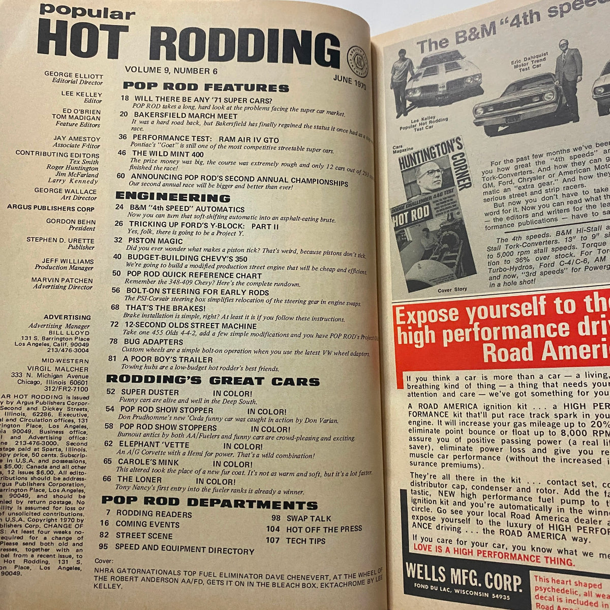 Inside spread of Popular Hot Rodding Magazine June 1970 displaying features, articles, and technical insights related to car modifications and trends.