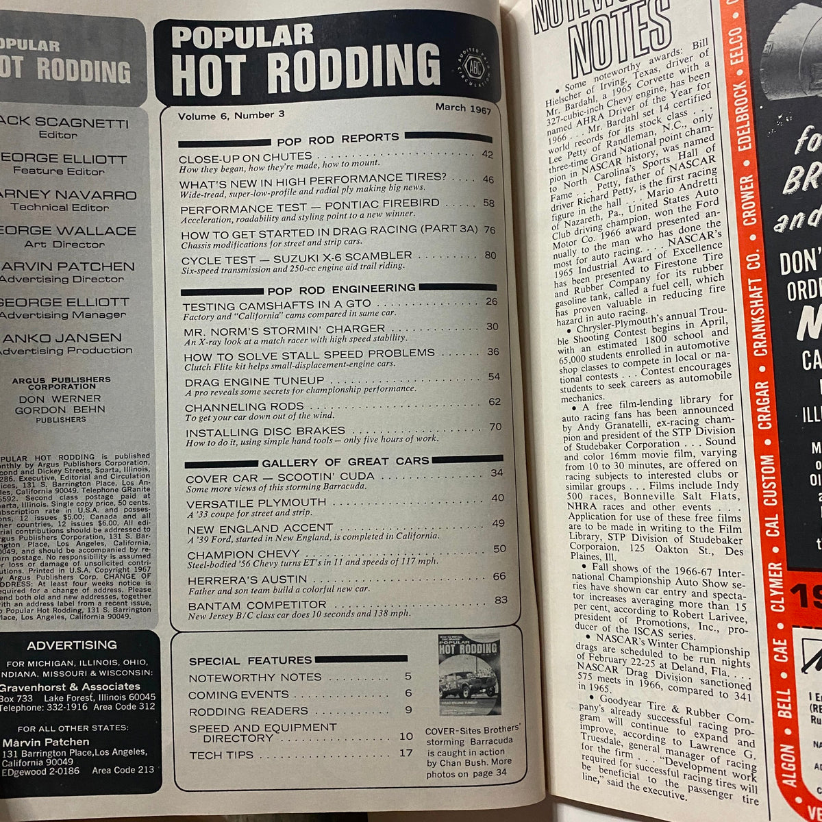Inside page of Popular Hot Rodding Magazine March 1967, featuring articles and a table of contents related to hot rodding and automotive engineering.