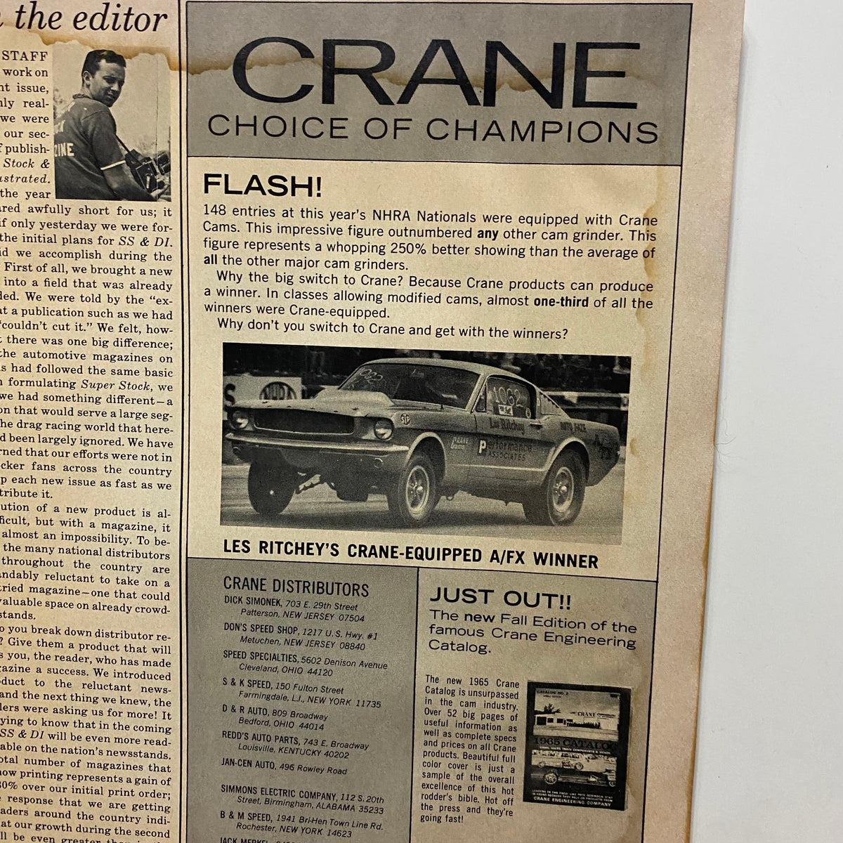 Interior page of the Super Stock & Drag Illustrated Magazine December 1965 featuring an article about Crane engineering products and photographs of a racing vehicle.