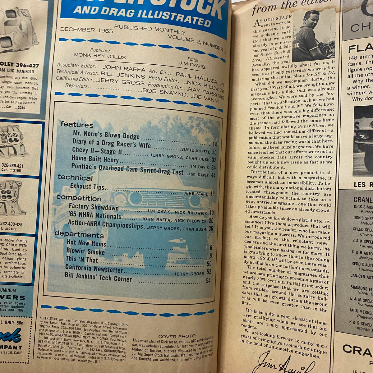 Inside page of Super Stock & Drag Illustrated Magazine December 1965 featuring the magazine's outline and editorial introduction.