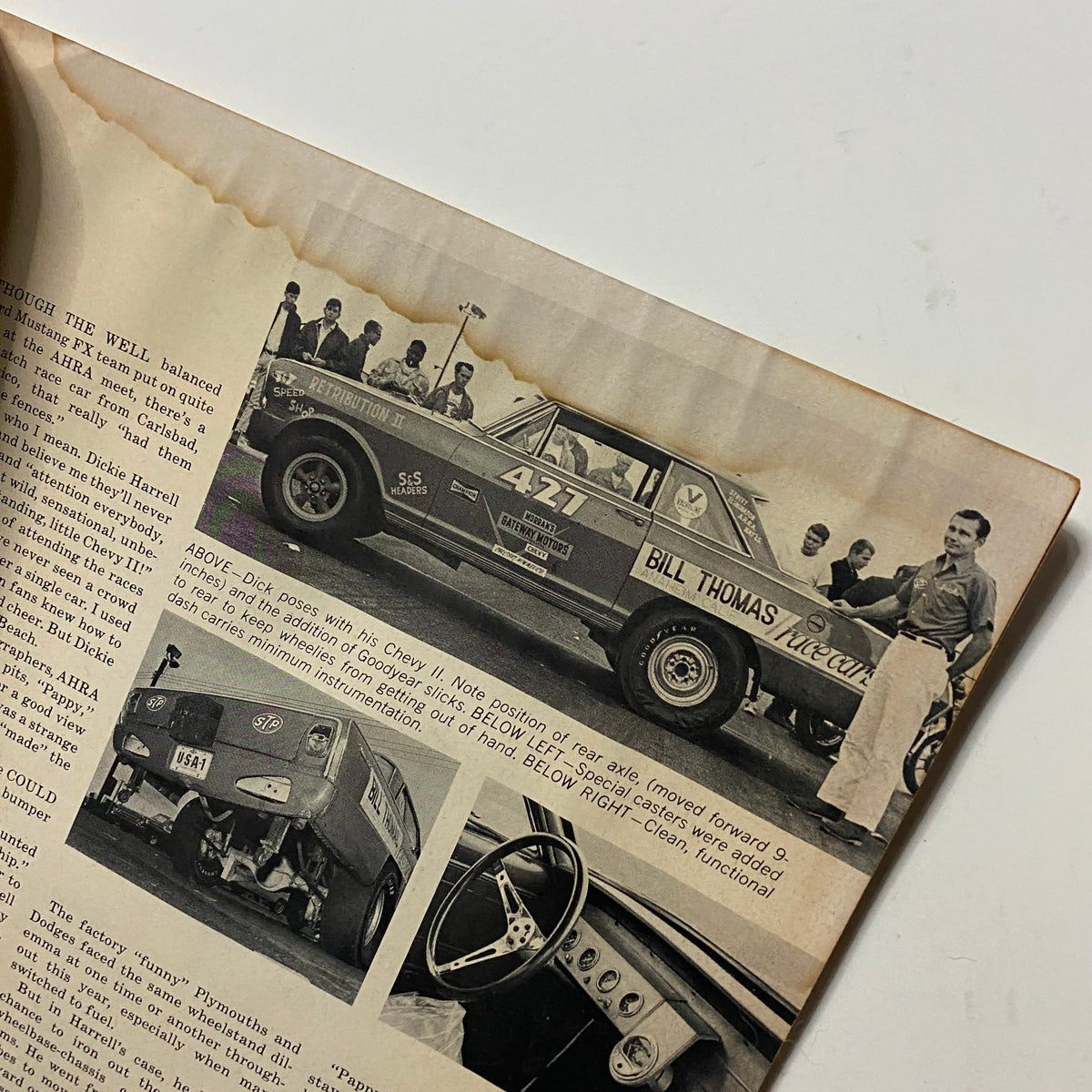 Page from Super Stock & Drag Illustrated Magazine December 1965 showcasing Bill Thomas with his Chevy II and details about drag racing.