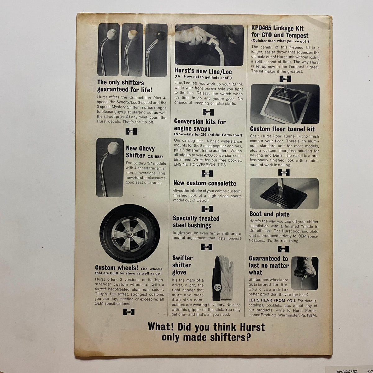 Back cover of Super Stock & Drag Illustrated Magazine December 1965 highlighting Hurst products for automotive enthusiasts.