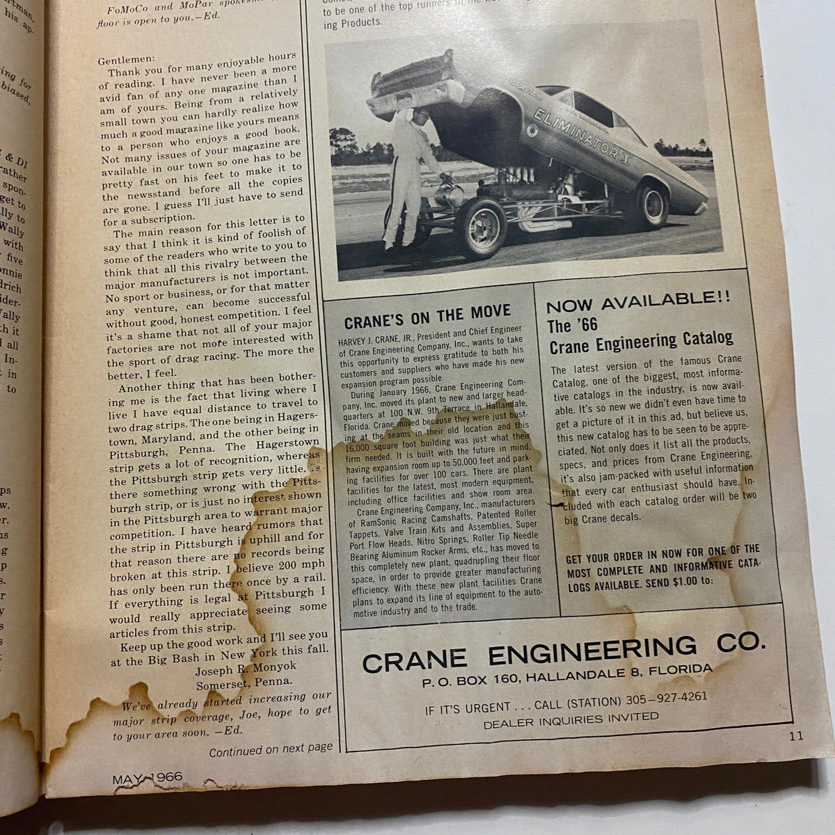 Page from the May 1966 issue of Super Stock & Drag Illustrated Magazine discussing Crane Engineering's offerings with a featured photo of a racing car.
