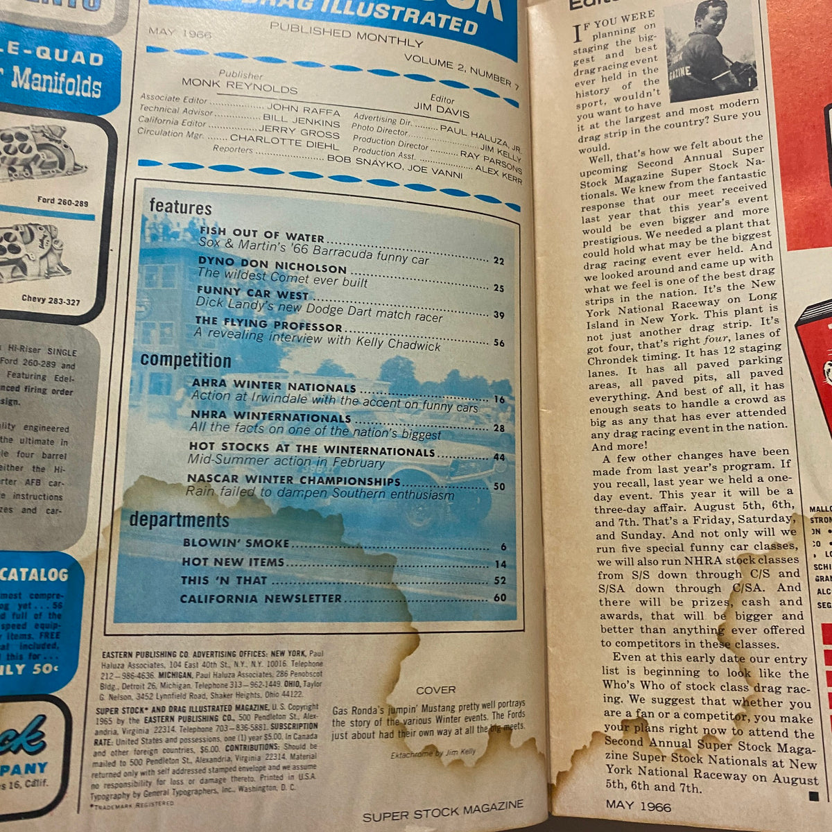 Contents page of the May 1966 issue of Super Stock & Drag Illustrated Magazine displaying articles and features related to drag racing, including highlights of upcoming events.