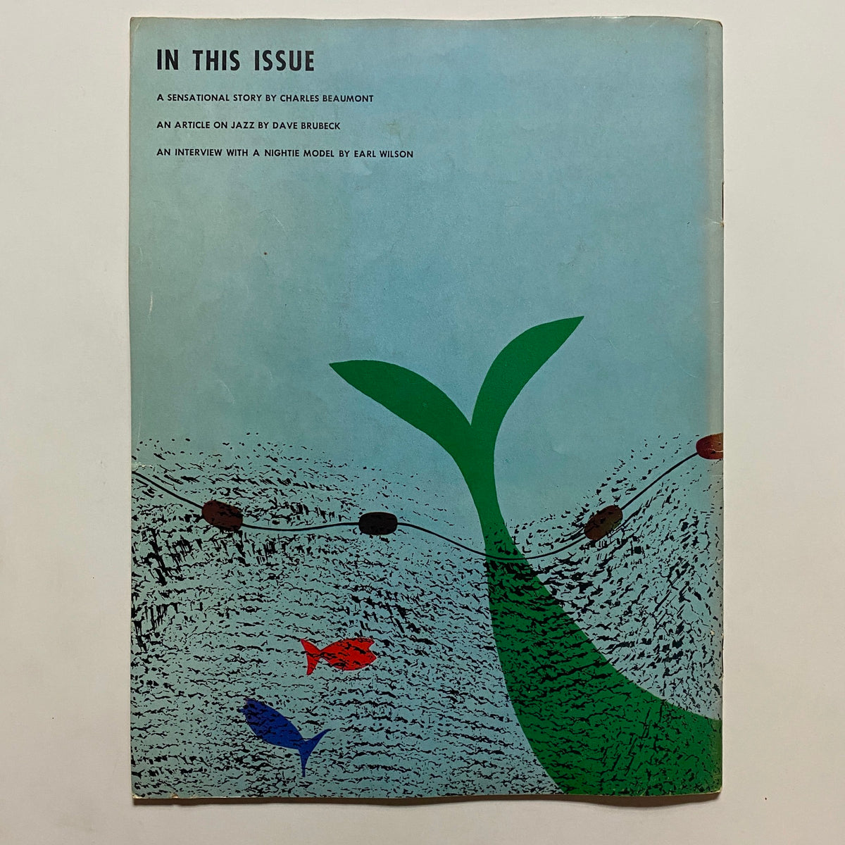 Cover of VTG Playboy Magazine August 1955 featuring artistic illustrations, including a whale and colorful fish, showcasing its vintage design and pop culture significance.