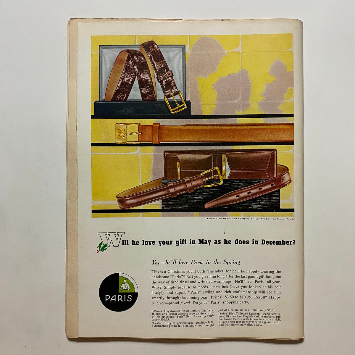Vintage advertisement from VTG Playboy Magazine December 1958 showcasing stylish leather belts with a colorful background, emphasizing gift options for men.