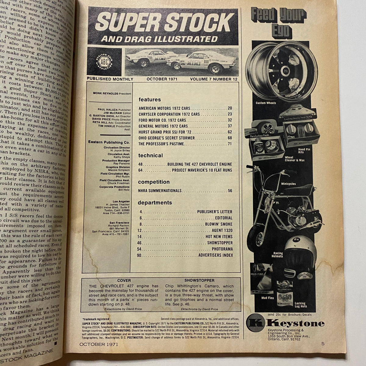 Interior page of Super Stock & Drag Illustrated Magazine October 1971 displaying the publication's table of contents and features related to automotive racing and technology.