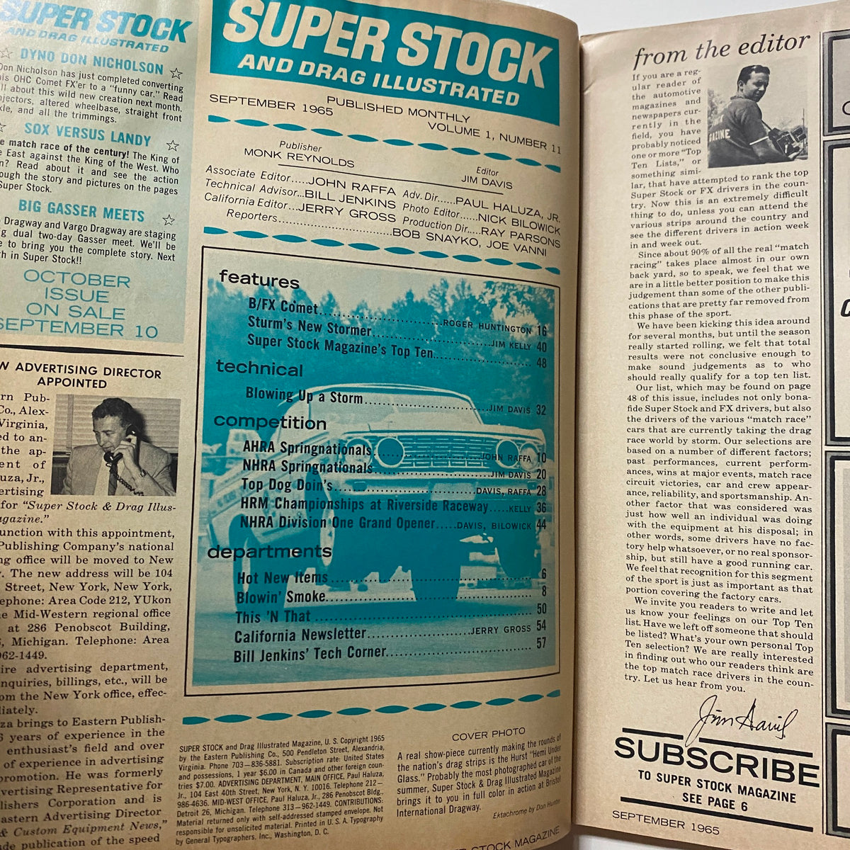 Inside spread of the Super Stock & Drag Illustrated Magazine September 1965, showcasing the table of contents and articles related to drag racing.