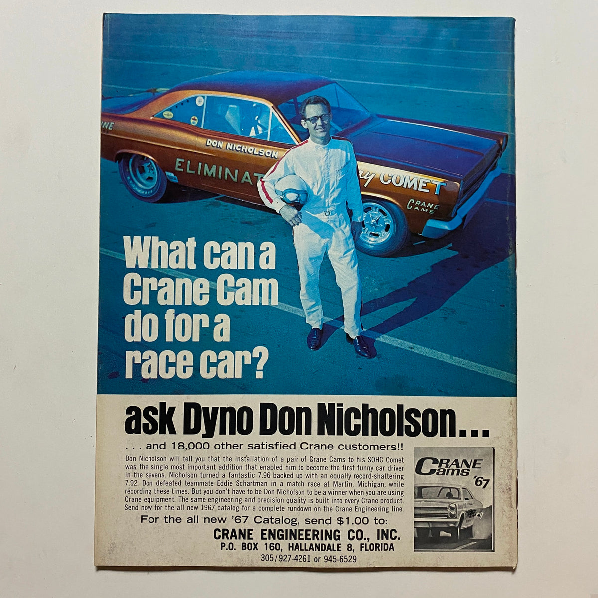 Back cover of Super Stock & Drag Illustrated Magazine April 1967 featuring Don Nicholson next to a Mercury Comet race car promoting Crane Cams, illustrating automotive innovation in drag racing.