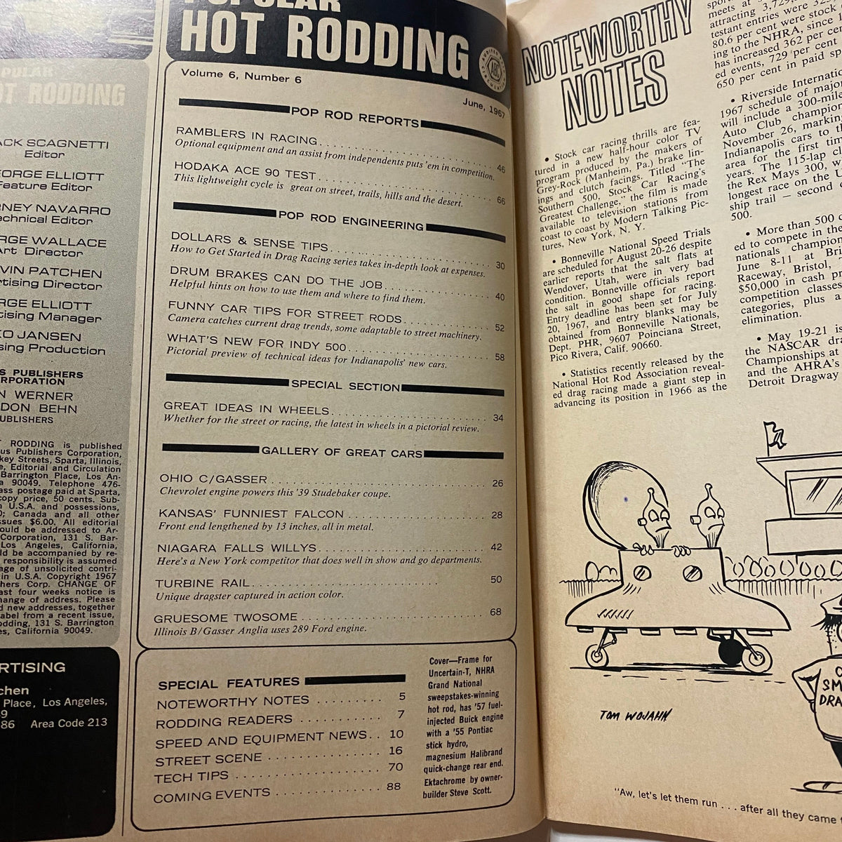 Inside page of VTG Popular Hot Rodding Magazine June 1967 displaying contents including articles on Ramblers in Racing, engineering tips, and features about hot rodding.