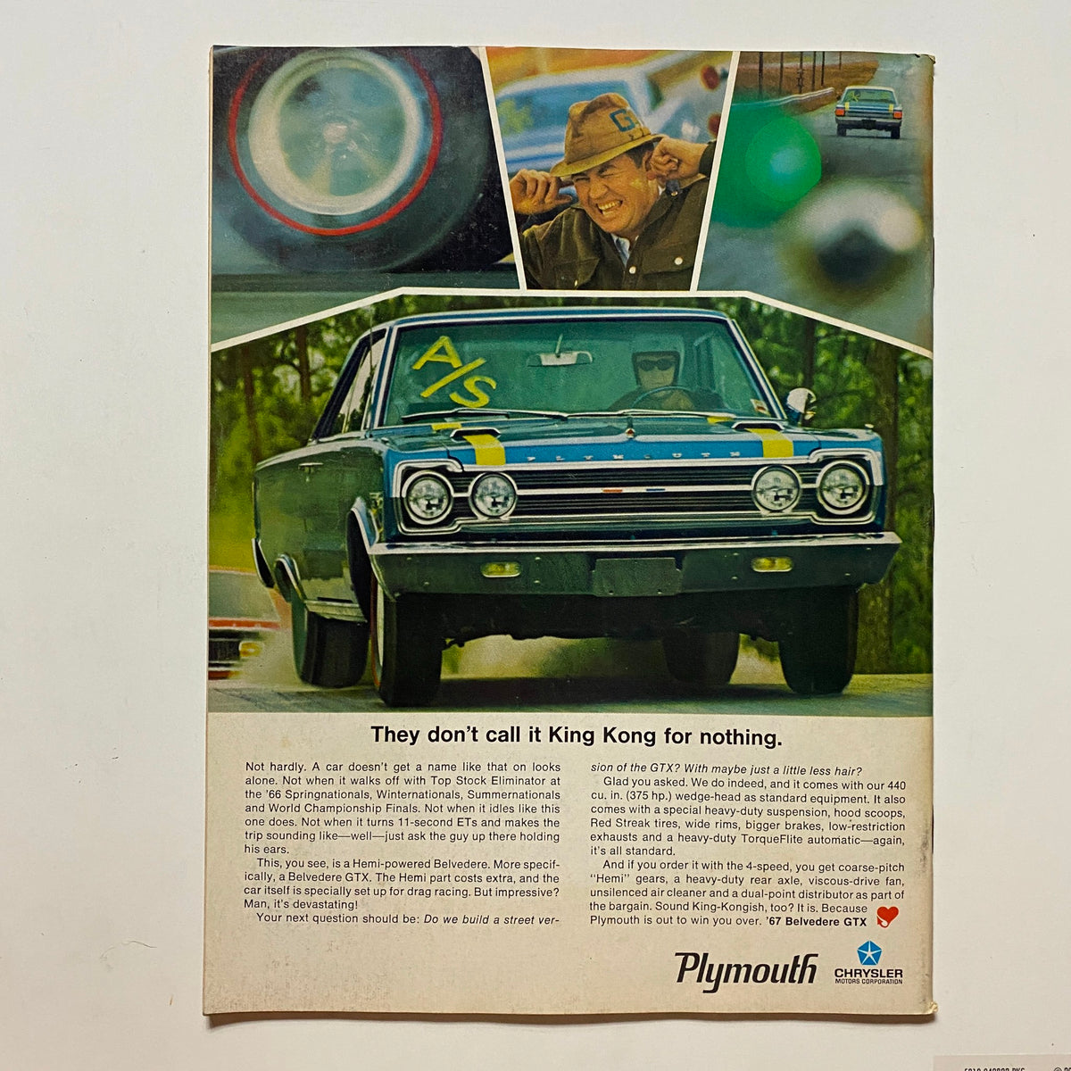Vintage advertisement from VTG Popular Hot Rodding Magazine June 1967 featuring a Plymouth Belvedere GTX car in action, showcasing racing themes and classic automotive culture.
