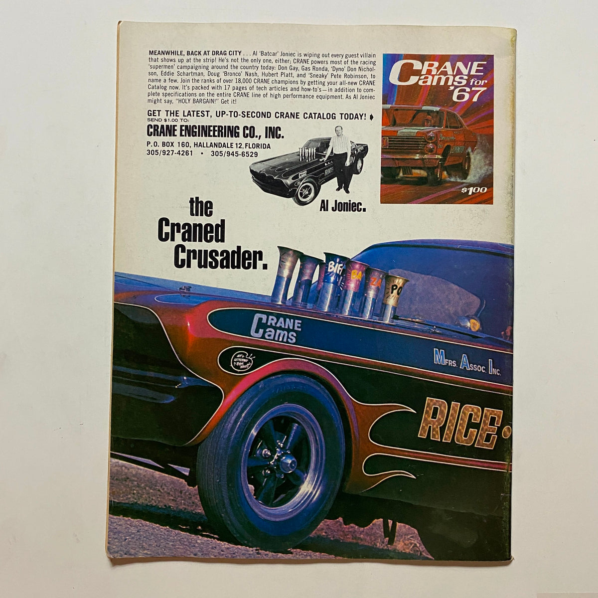 Back cover of VTG Popular Hot Rodding Magazine September 1967 featuring Crane Cams advertisement and an iconic racing car. Perfect for Chevy and hot rodding enthusiasts looking to own a piece of automotive history.
