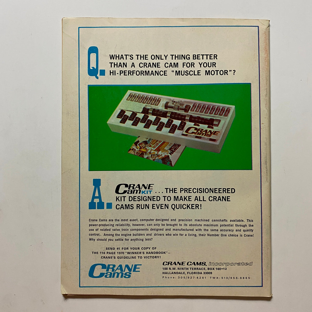 Back cover of VTG Popular Hot Rodding Magazine August 1970 featuring a Crane Cams advertisement, showcasing the Crane Cam Kit and its benefits for high-performance muscle motors.