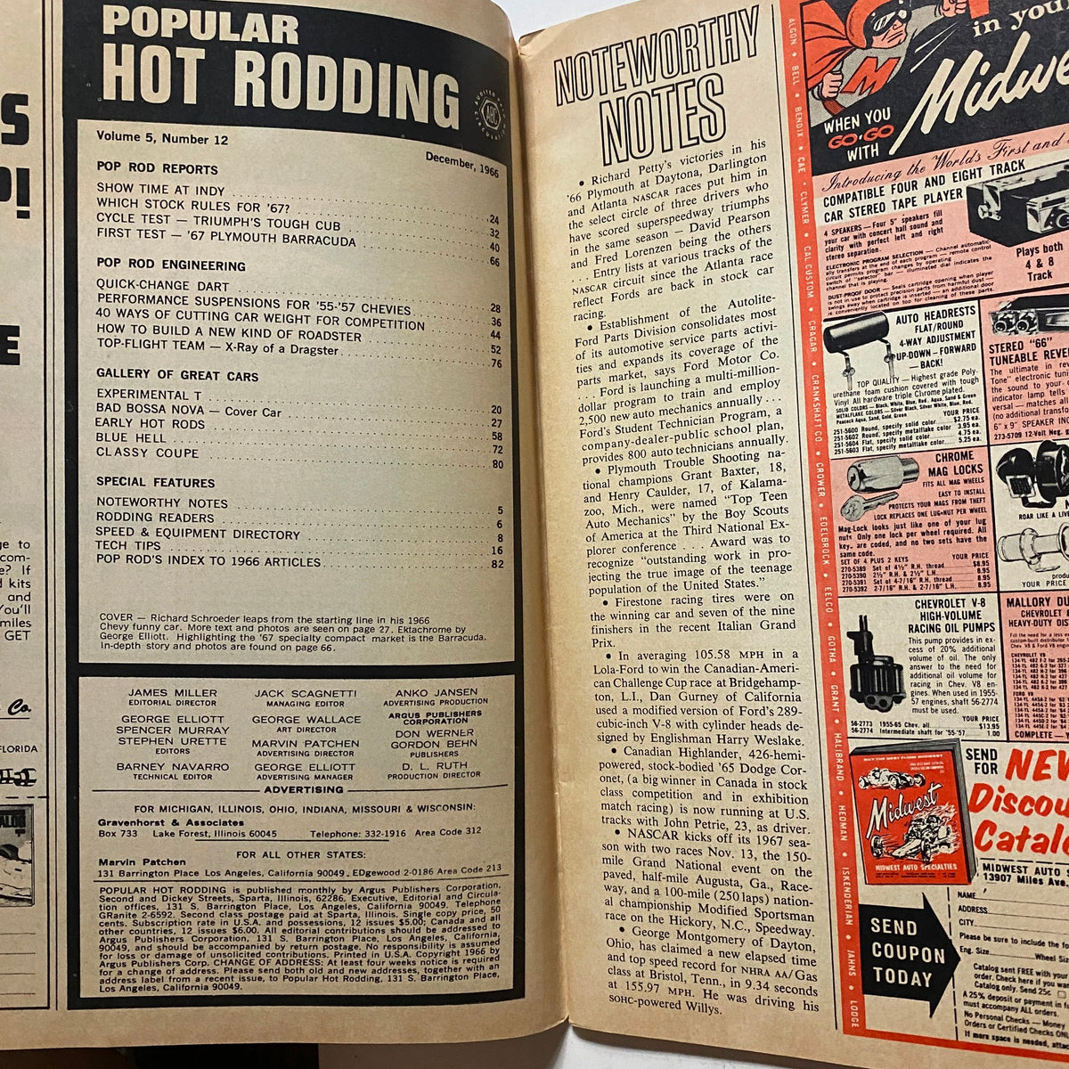 Interior page of Vintage Popular Hot Rodding Magazine December 1966, displaying the table of contents with features on car engineering, notable projects, and rodding reports relevant to that era.
