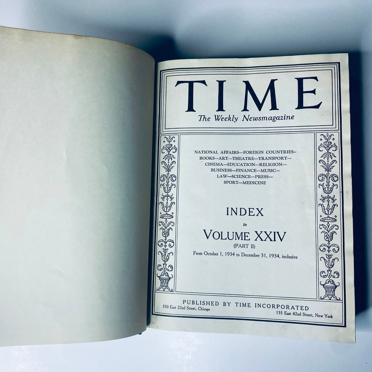 Title: Time Magazine Library Bound October 1-December 31, 1934 Thomas Benton. Image of the interior of the magazine showing the index page for Volume XXIV, Part II, covering the period from October 1 to December 31, 1934.