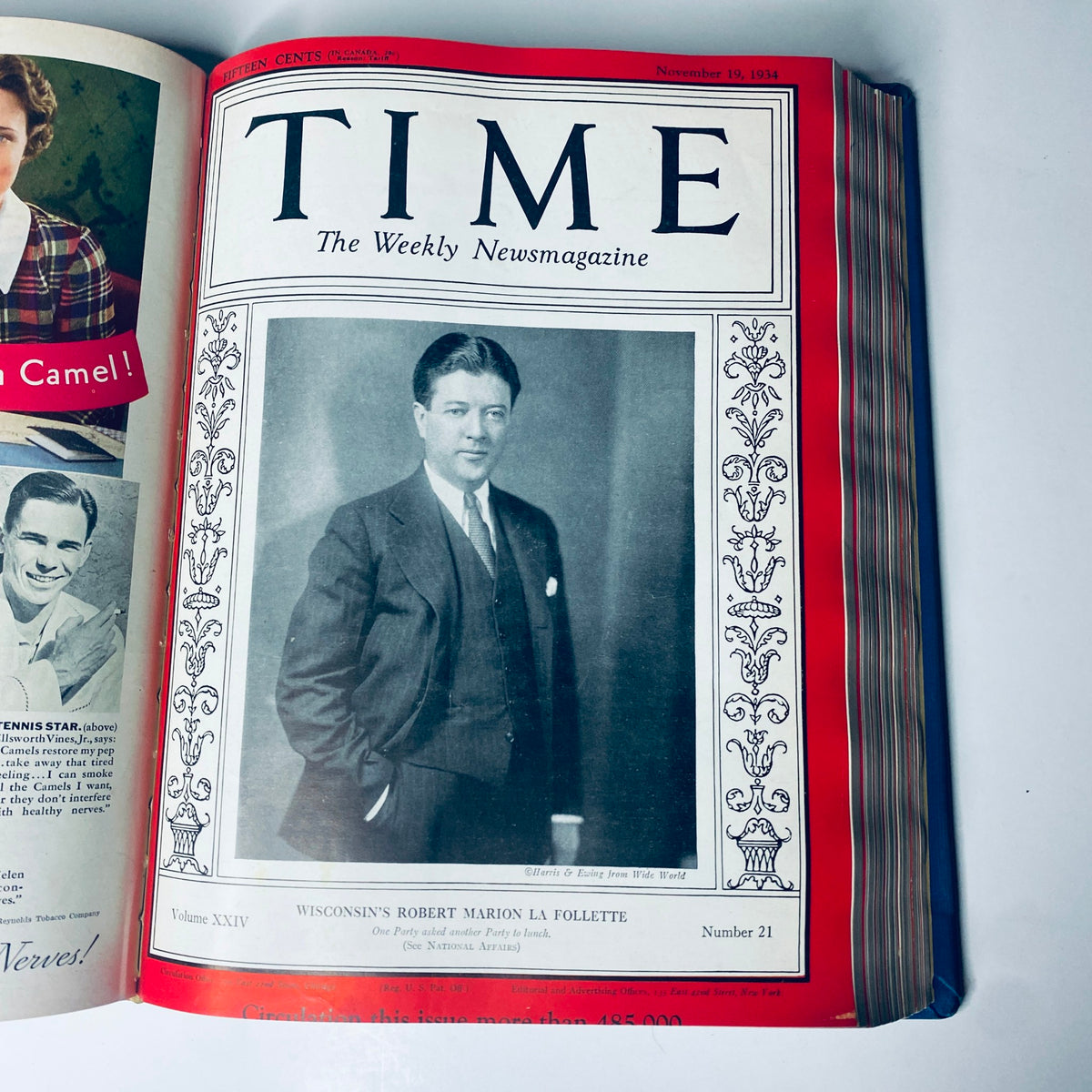 Time Magazine cover featuring Wisconsin's Robert Marion La Follette, dated November 19, 1934, emphasizing political developments in American history.