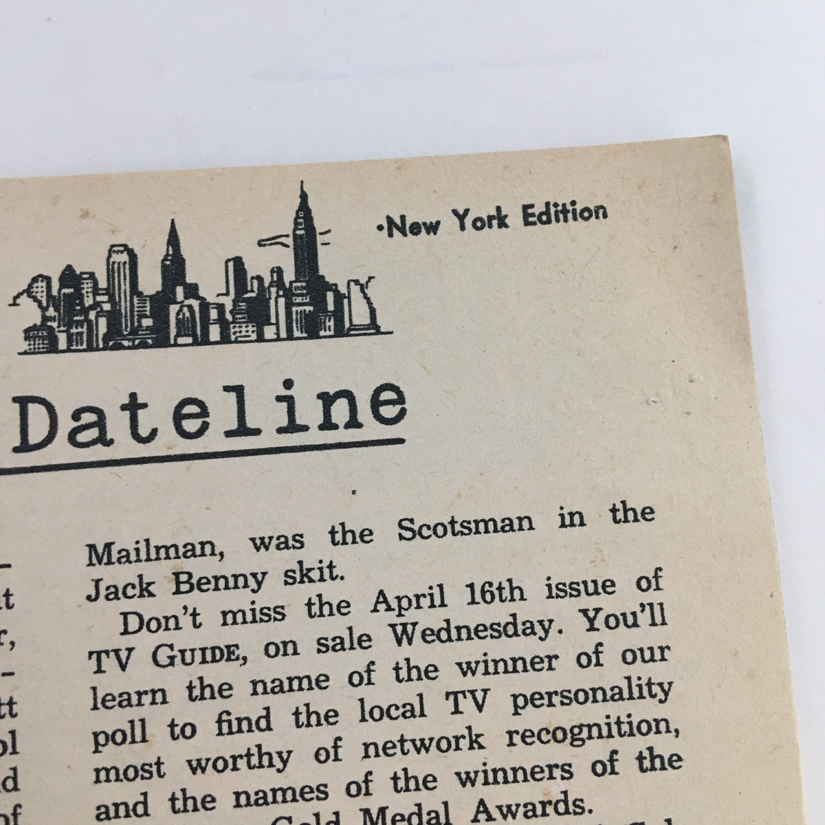 Dateline section from TV Guide Magazine April 9, 1954, highlighting upcoming features and events in television, part of the New York Edition.