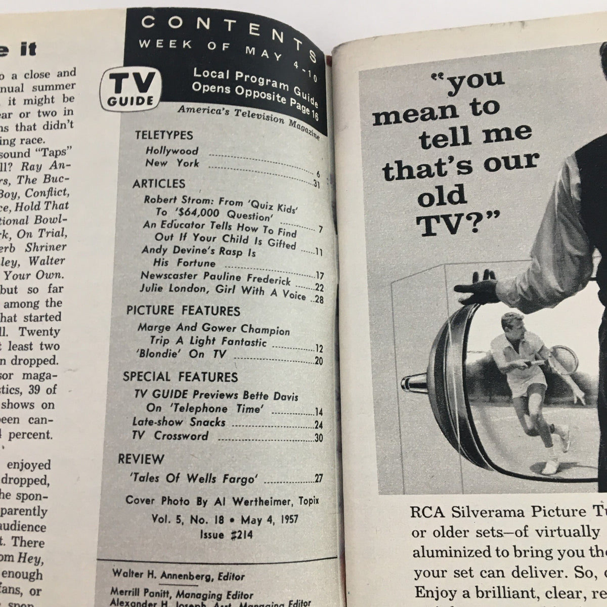 Inside page of TV Guide Magazine May 4 1957, displaying the contents section and a humorous TV commentary, part of the nostalgic Wisconsin Edition.