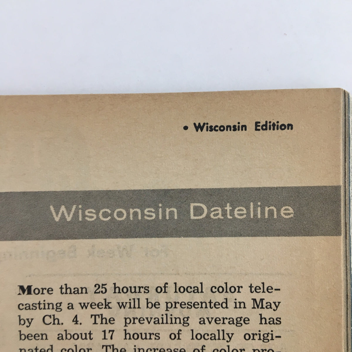 Close-up of the Wisconsin Edition label from the TV Guide Magazine dated May 4, 1957, featuring the title 'Wisconsin Dateline' and indicating local color broadcasting information.