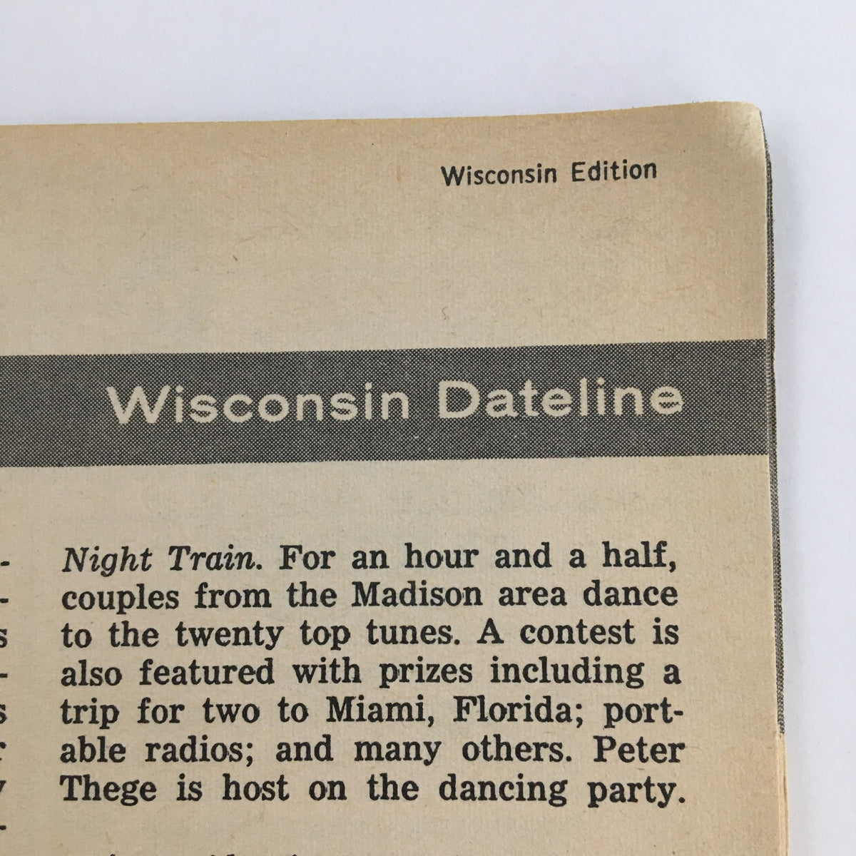 Wisconsin Dateline section from TV Guide Magazine June 22 1957, featuring details about a local dancing contest and entertainment events.