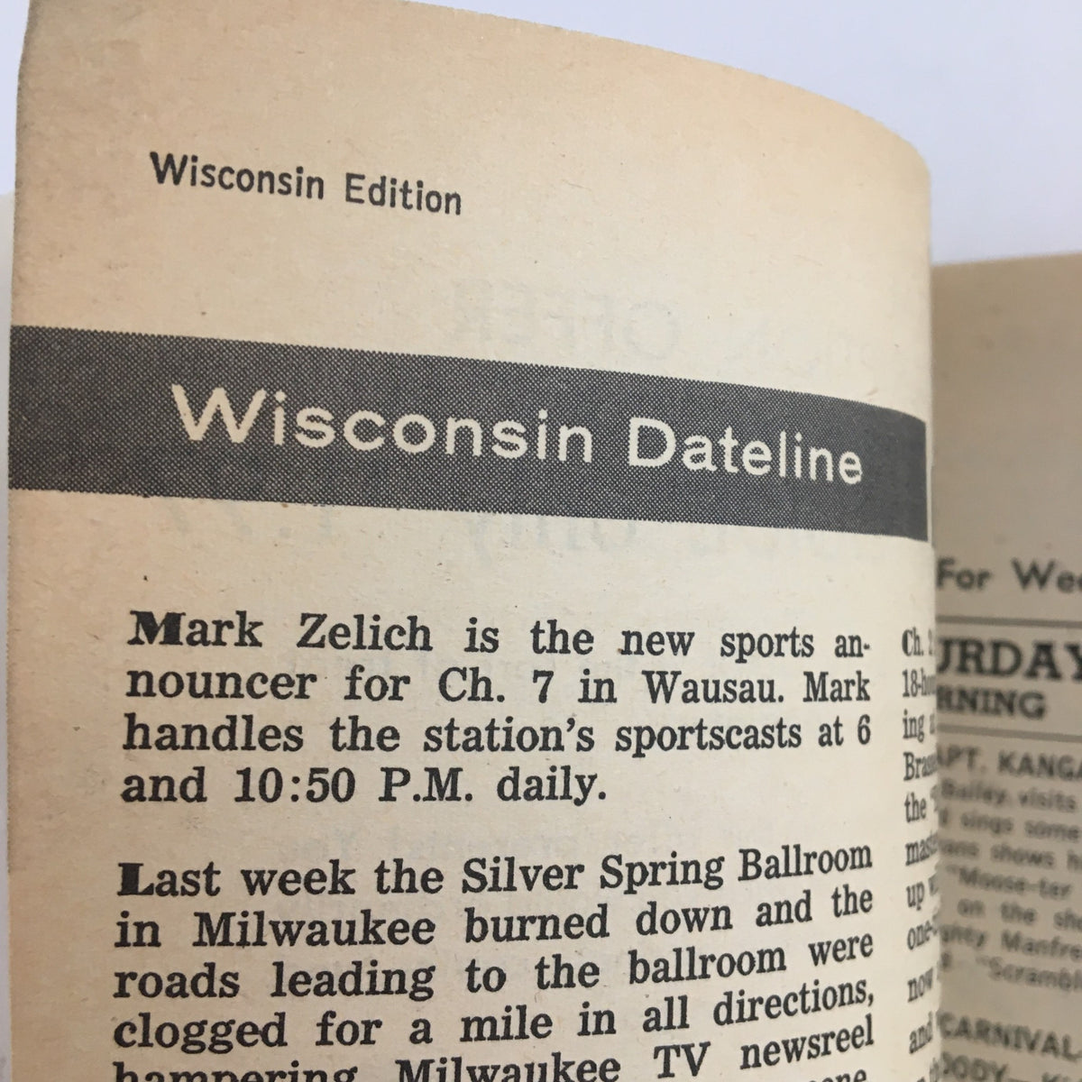 Image of the 'Wisconsin Edition' section from TV Guide Magazine May 18 1957, featuring a local dateline and news on sports announcer Mark Zelich.