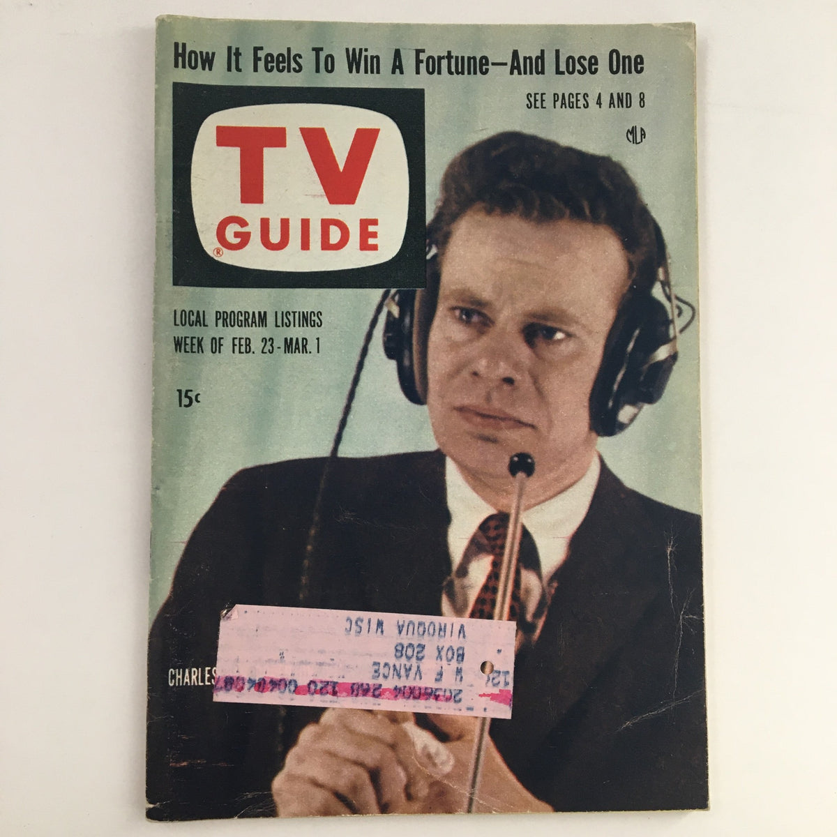 TV Guide Magazine February 23, 1957 featuring Charles Van Doren on the cover, showcasing a local program listing and vintage design.