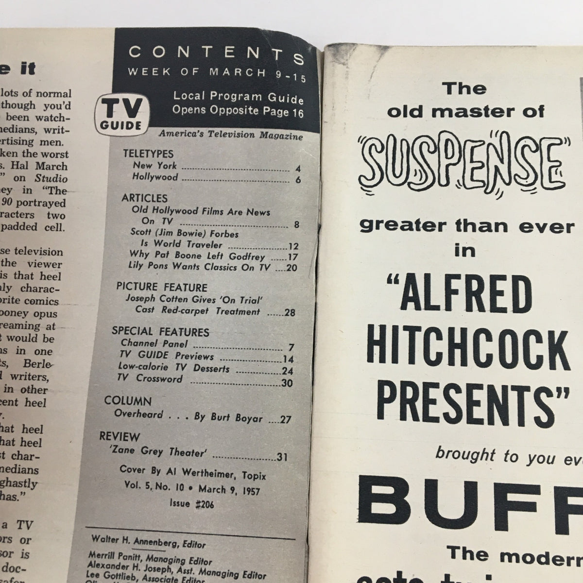 Inside the TV Guide Magazine March 9 1957, featuring the contents page with TV listings and articles including 'Why Pat Boone Left Godfrey.' A glimpse into television history.