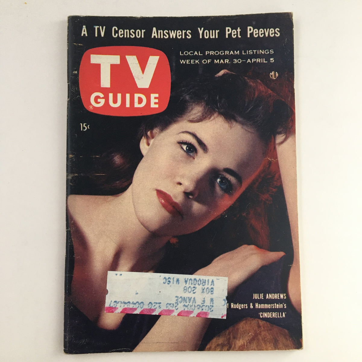 TV Guide Magazine March 30 1957 featuring Julie Andrews on the cover, showcasing a vintage design and an address label.