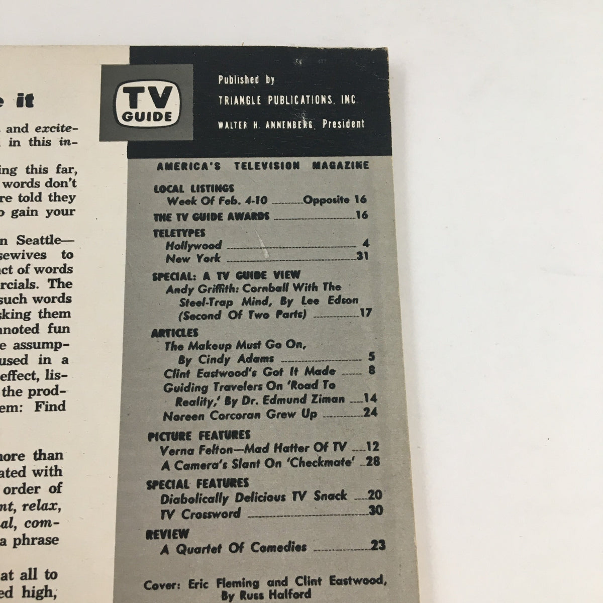 Inside page of TV Guide Magazine February 4 1961 displaying local listings and articles, emphasizing classic television programming.