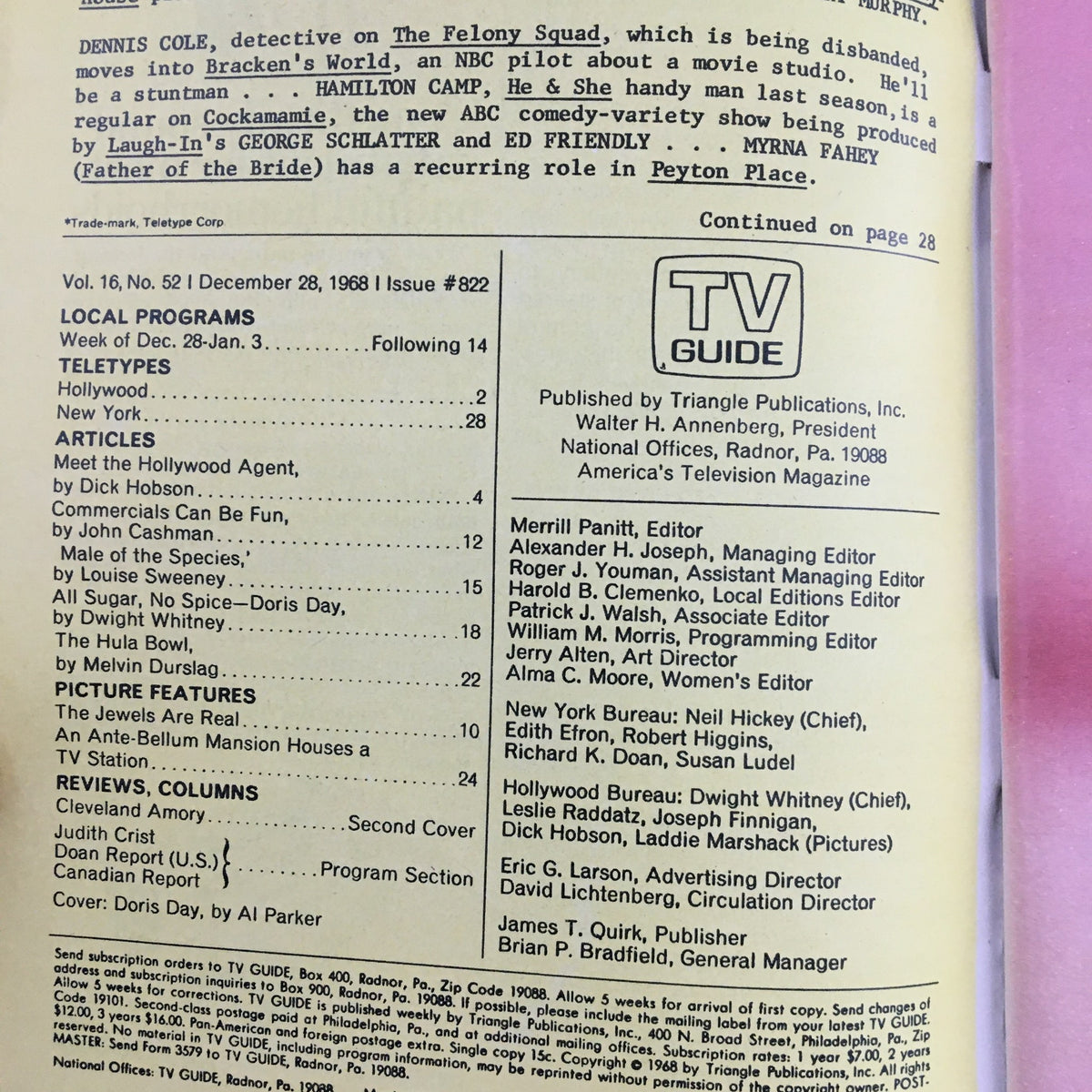 Interior page of TV Guide Magazine December 28 1968 showing program listings and articles, including a feature on the Hollywood agent, Central Pennsylvania Edition.
