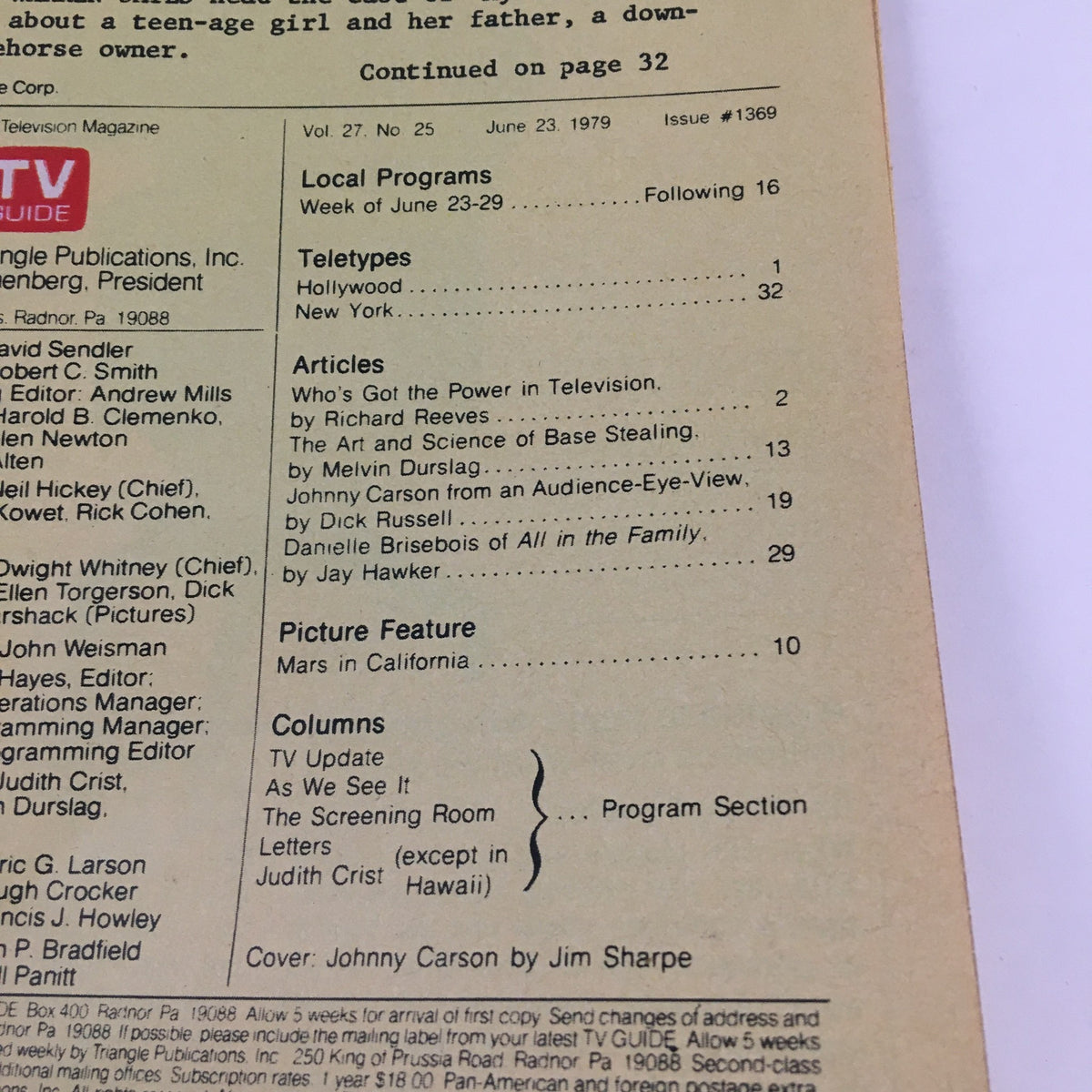 Table of contents from TV Guide Magazine June 23, 1979, including articles and features about Johnny Carson and late-night television topics.