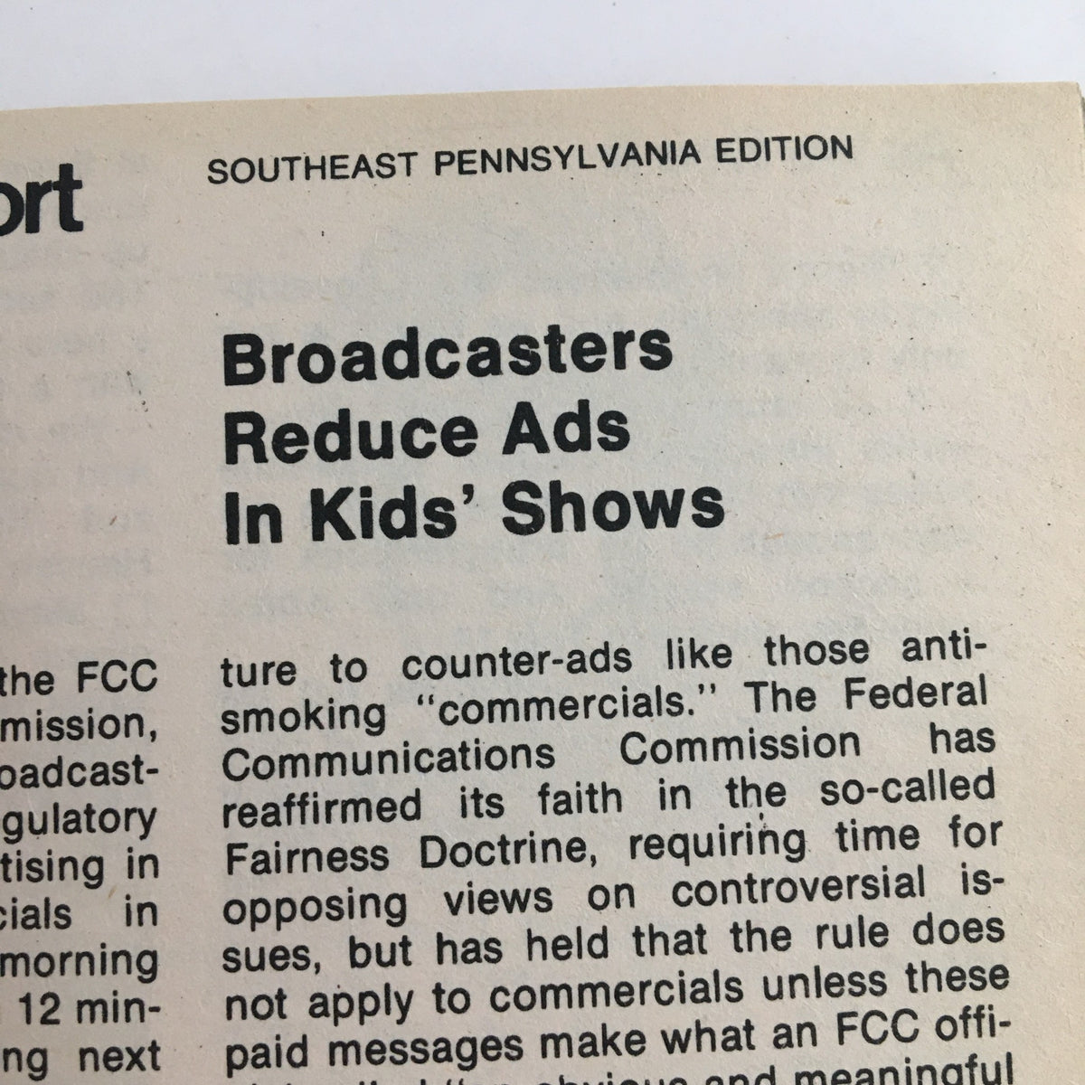 Section of TV Guide Magazine July 13 1974 discussing FCC regulations and advertising in children's programming, Southeast Pennsylvania Edition.