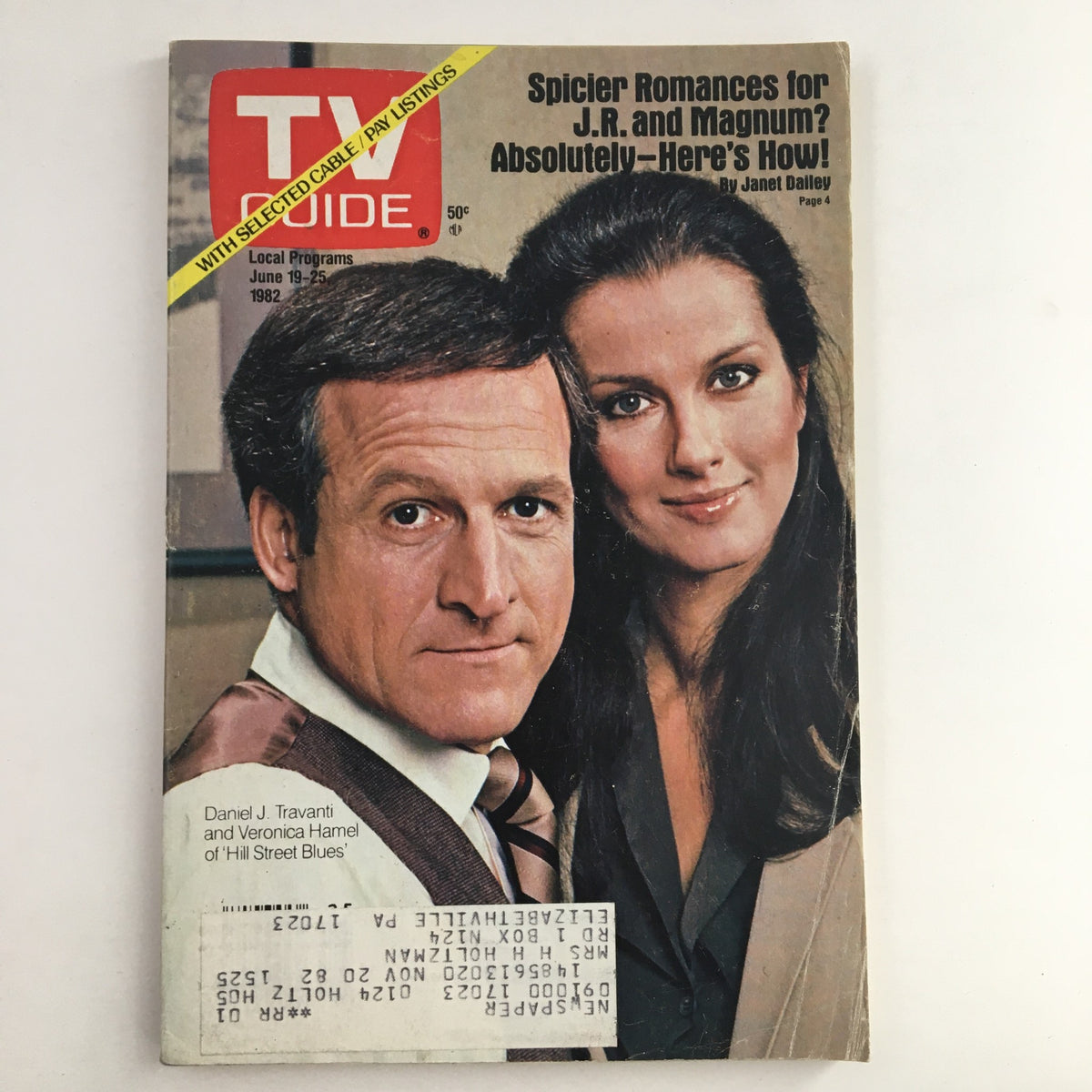 TV Guide Magazine from June 19, 1982 featuring Daniel J. Travanti and Veronica Hamel on the cover, showcasing early '80s pop culture and programming.