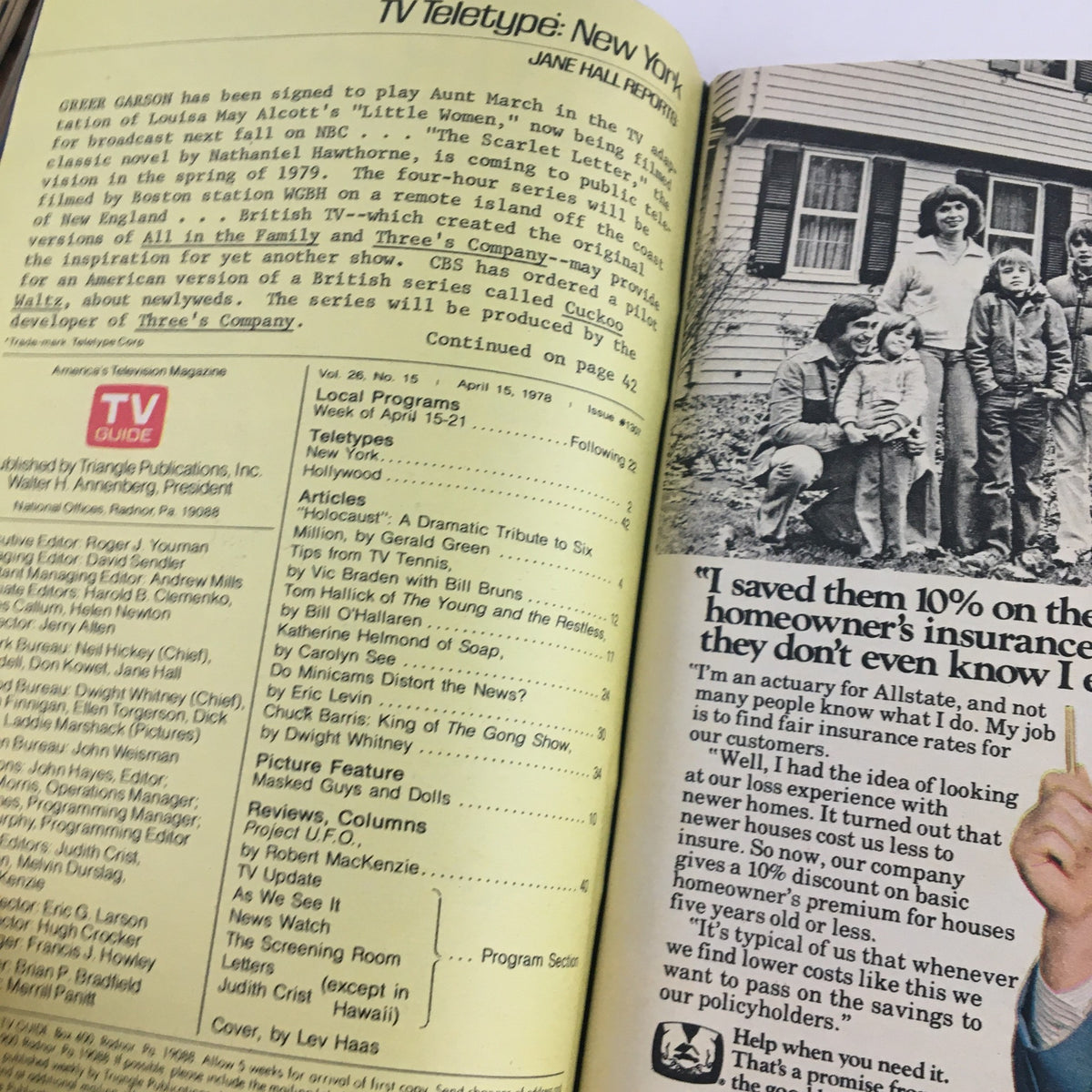 Interior page of TV Guide Magazine April 15, 1978, displaying articles and television listings, including a feature on the Holocaust miniseries.