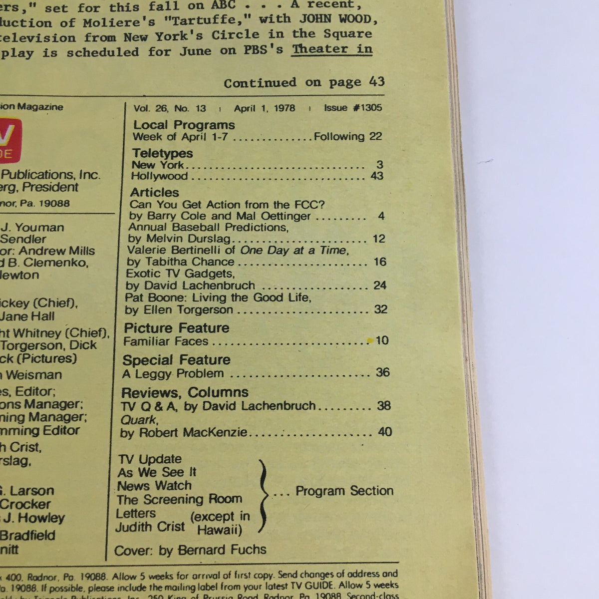 Inside page of TV Guide Magazine April 1 1978 showing the table of contents with articles including sports predictions and cultural commentary.