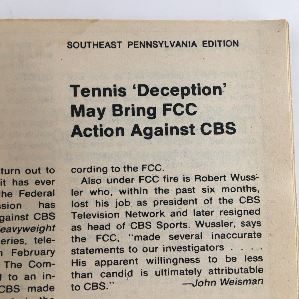 Article page from TV Guide Magazine April 1 1978 discussing potential FCC action against CBS with the headline 'Tennis Deception May Bring FCC Action Against CBS'.