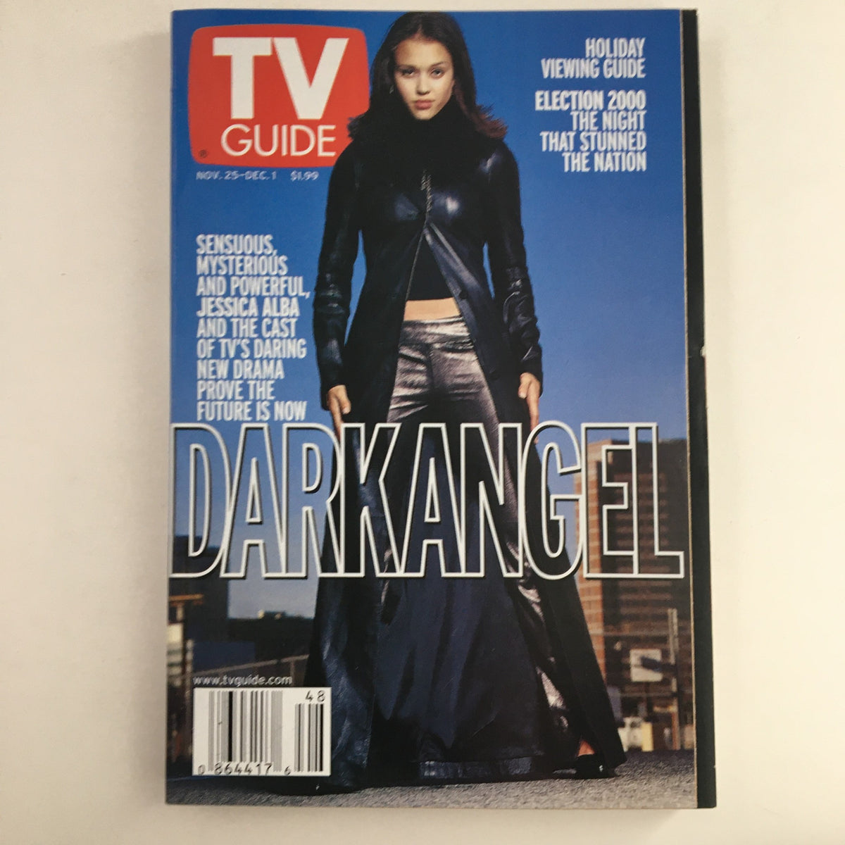 TV Guide Magazine cover from November 25, 2000 featuring Jessica Alba promoting the TV show Dark Angel, showcasing her in a stylish outfit.